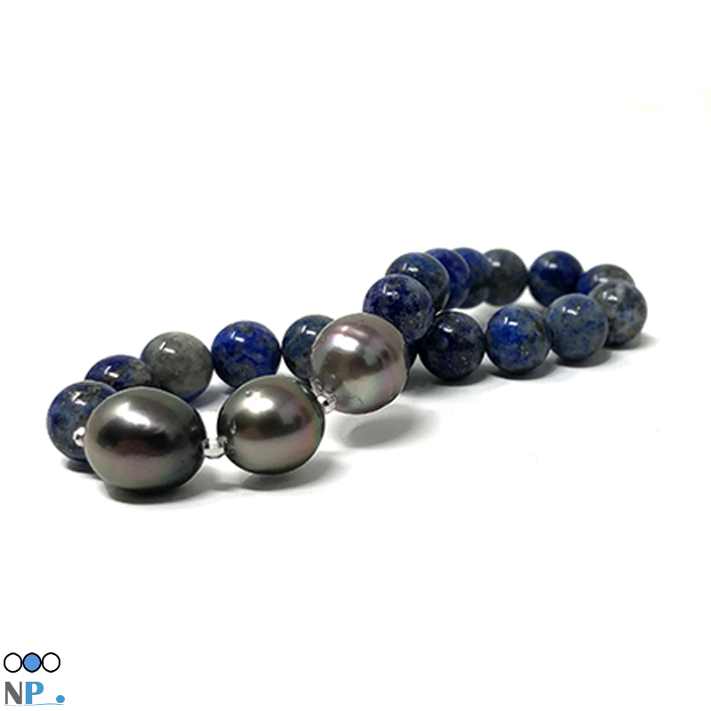 Bracelet montage avec Elastique de Joaillerie, grand confort d'usage. Perles de Tahiti et Lapis Lazuli naturelles